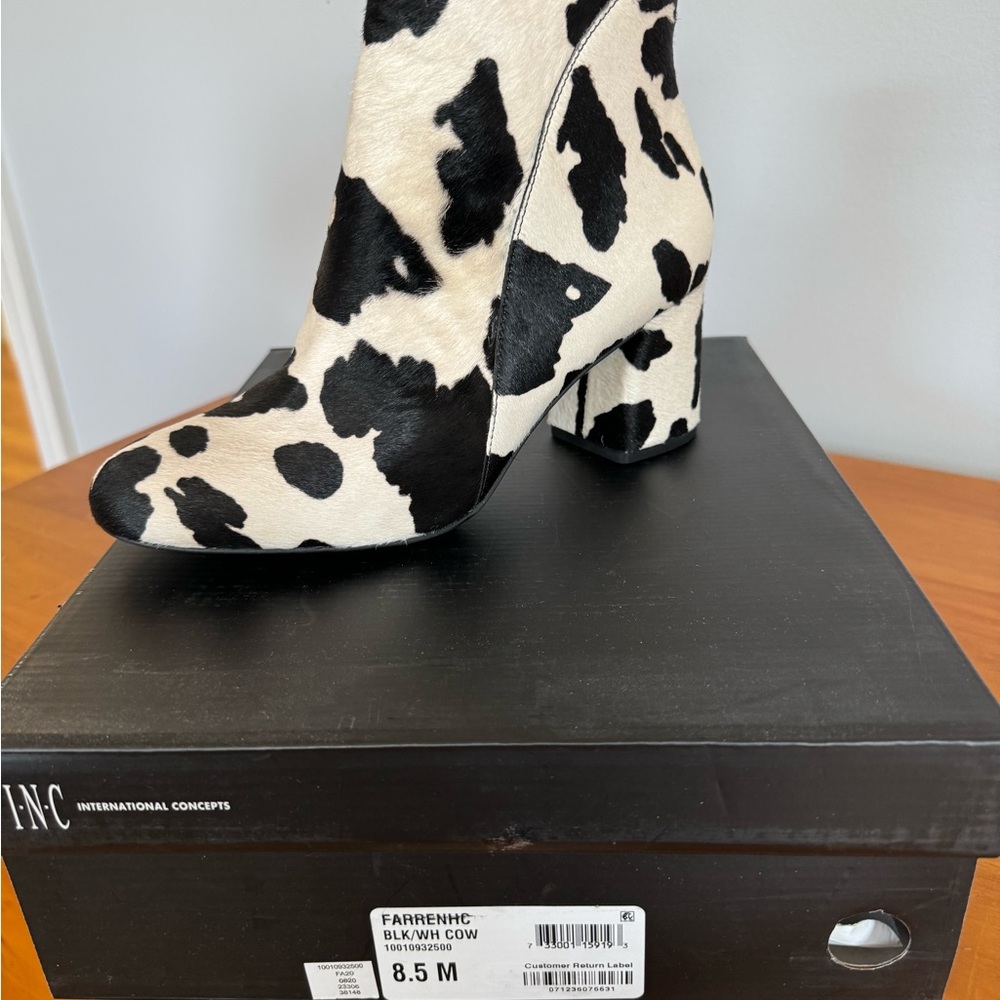INC Black/White Cow print heeled booties